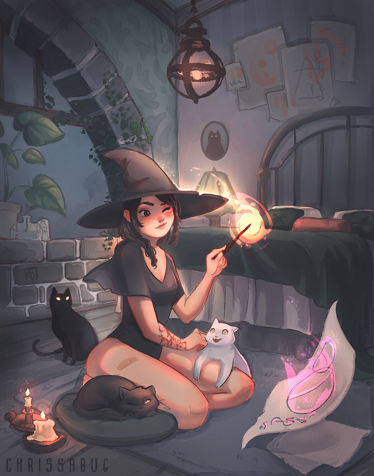 Digital art of a witch sitting on the floor, surrounded by cats